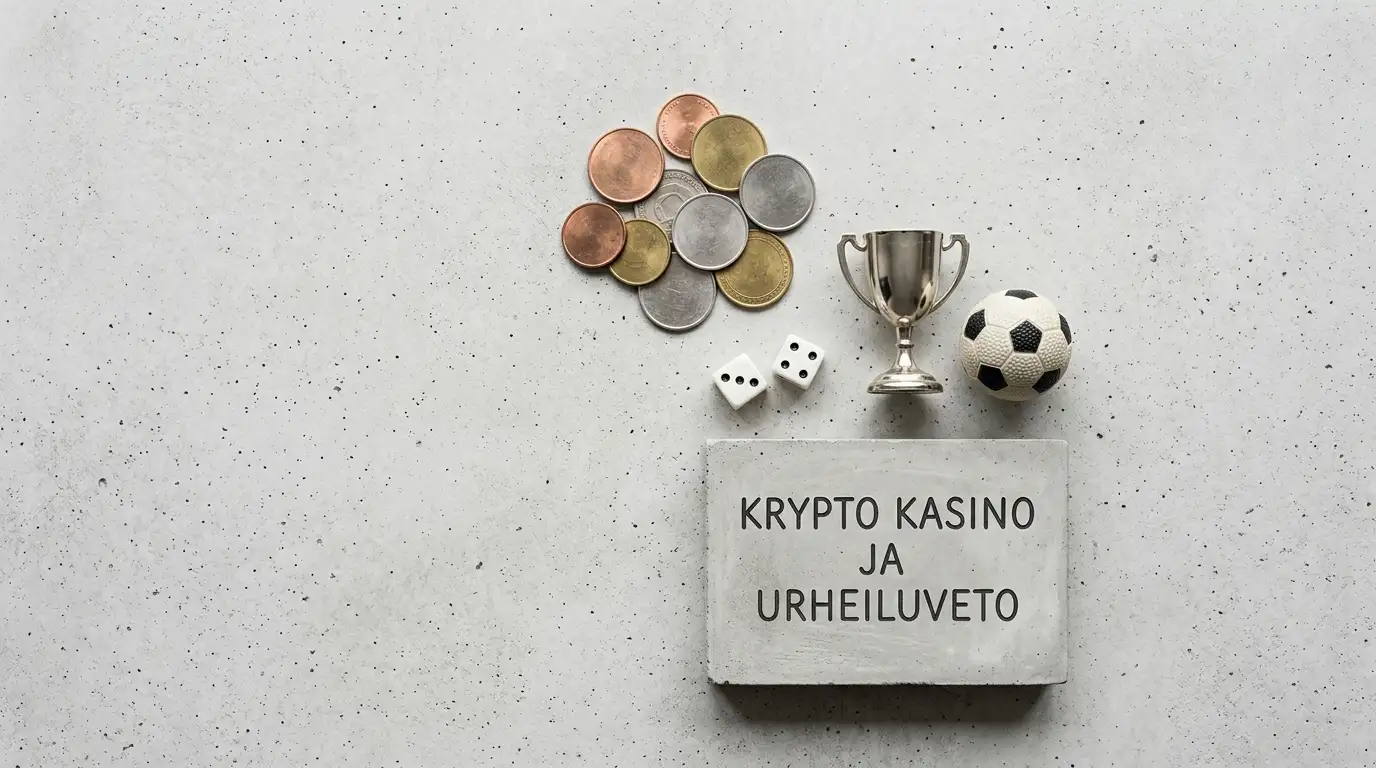 Kryptokasinoa, urheilua ja e-urheilua kuvaava asetelma kolikoineen, noppaesineineen ja pallon kanssa