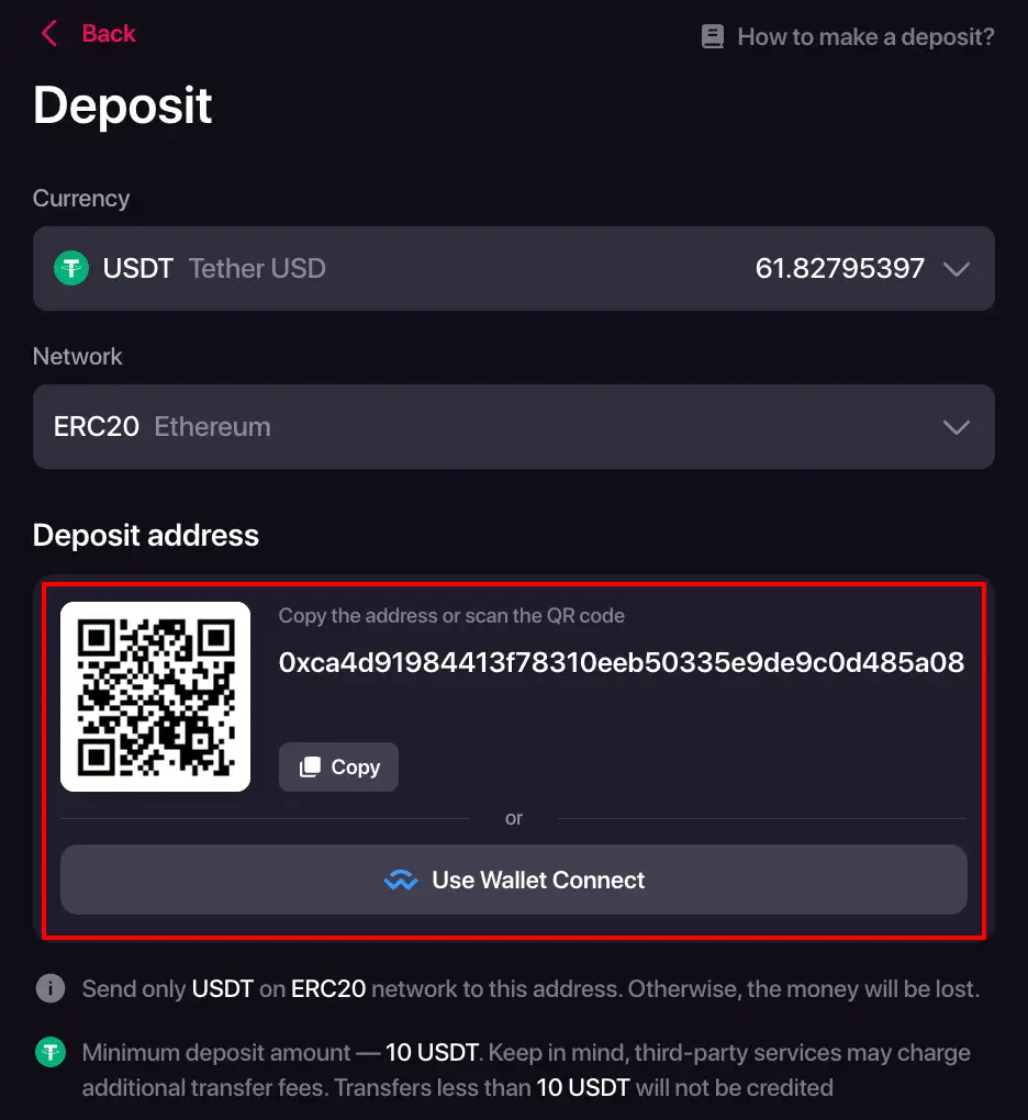 CHEXXin kryptotalletuksen näkymä, jossa valitaan kryptovara ja verkko