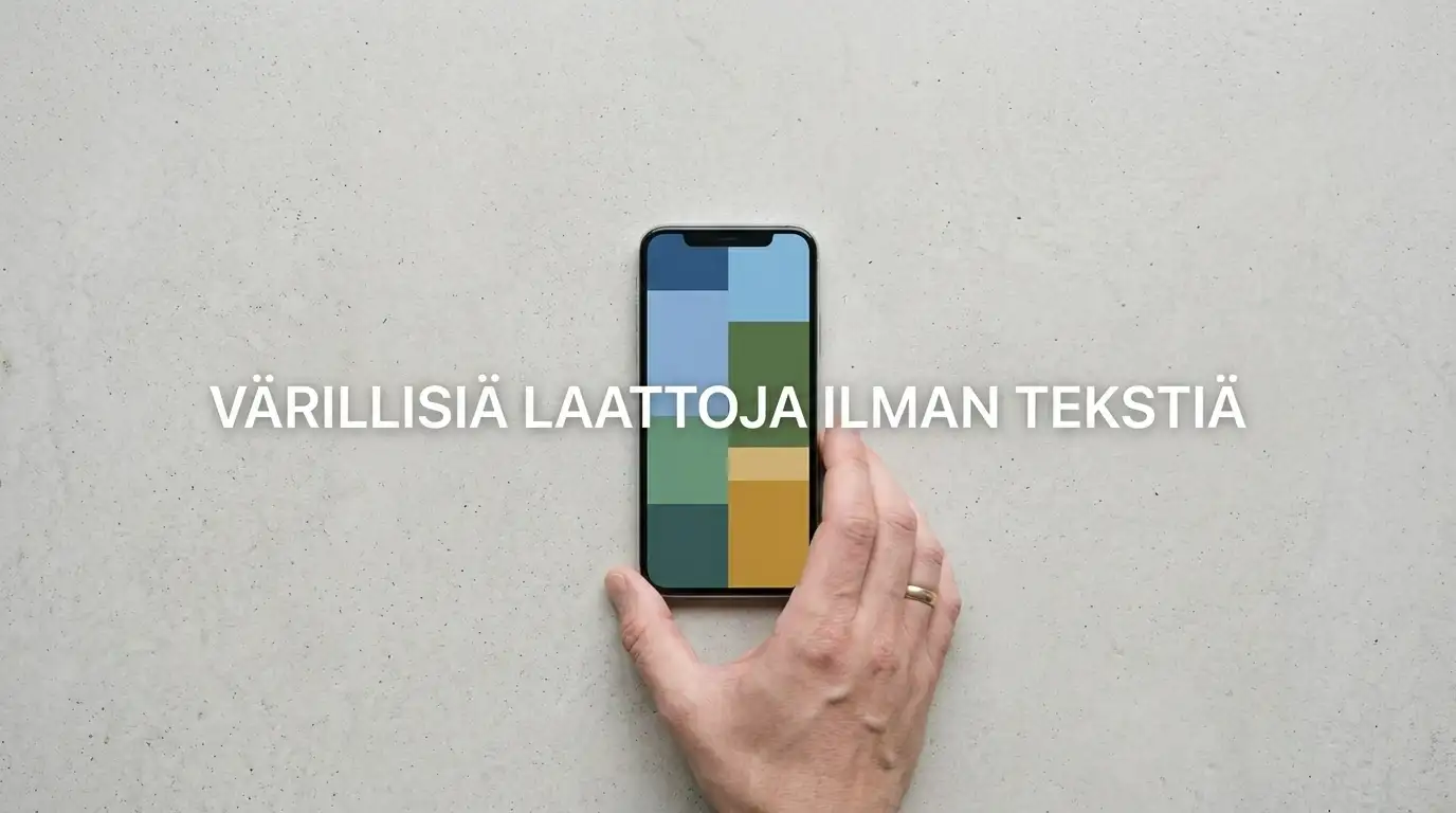 Kädessä pidettävä älypuhelin, jonka näytöllä on abstrakteja värillisiä ruutuja ilman tekstiä